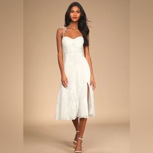 Lulus “Loveliest Looks White Floral Jacquard Tie-Strap Midi Dress”